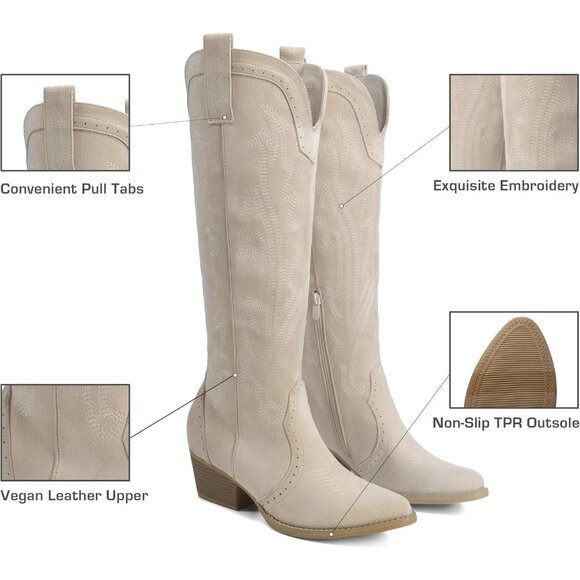 Women's Beige Comfortable Chunky Heel Embroidered Western Retro Knee High Boot - Picture 4 of 9